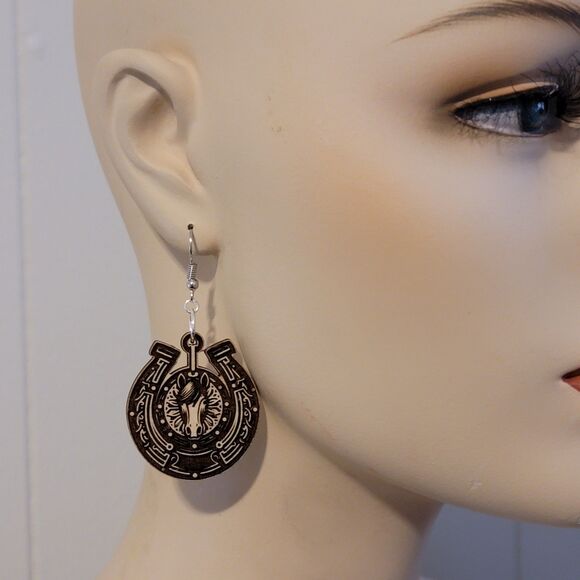 Handmade Horseshoe Dangle Earrings – Rustic Western Horse Jewelry - Picture 3 of 4